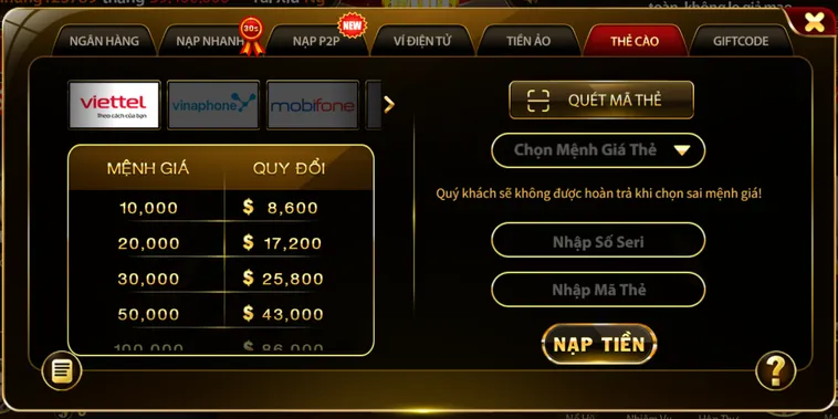 Nạp tiền bằng thẻ cào bảo mật tiện lợi.